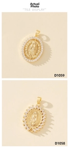 Detailed comparison of gold-plated Virgin Mary pendants with intricate zircon stone settings