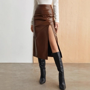 Women PU Leather Midi Skirt High Waist Ruched Side Slit Slim Fit Solid Color Office Lady Elegant Pencil Skirts