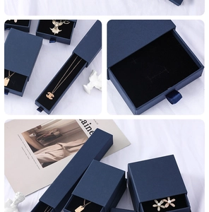 Close-up of dark blue drawer jewelry boxes for rings and necklaces in various sizes