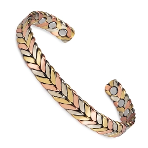 Three-tone braided magnetic pure copper open bangle in gold, silver and rose gold finish