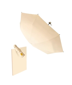 Beige compact umbrella shown folded and open with UPF 50+ sun protection feature