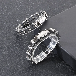 Bracciale a catena da moto in acciaio inossidabile lucido, finiture argento e nero
