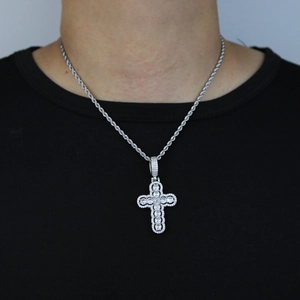 Hip hop silver twisted rope chain necklace with iced out hollow cross pendant for men
