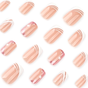 Kurze quadratische Kunstnägel mit French White Tips und 3D-Glitzer-Sternmuster