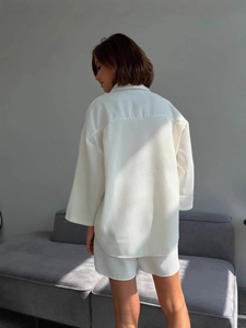 Women white waffle knit loungewear set with long sleeve cardigan and shorts back view
