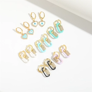 Minimalist gold heart evil eye pendant earrings set with colorful U-shaped links