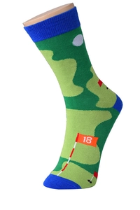 Detail of golf course pattern sock featuring number 18 flag and blue ribbed cuff