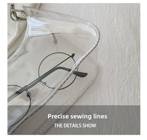 Detailed close-up showing the precise stitching and silver hardware on a clear PVC bag