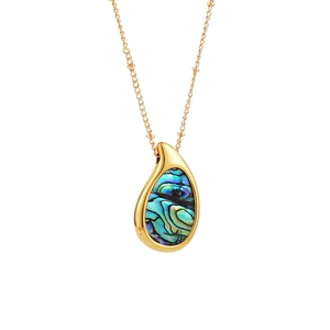 Detail of 18k gold plated teardrop necklace with colorful abalone shell inlay texture