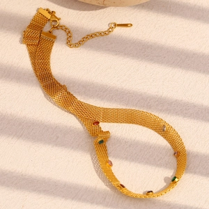 Detail of 18K gold mesh chain necklace featuring colorful zircon stones and lobster clasp