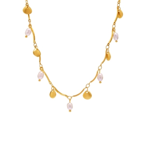 Golden shell necklace with freshwater pearls and stainless steel chain for women