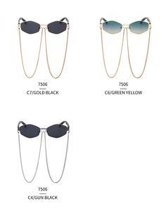 Detailed view of model 7506 hexagonal sunglasses in gold and gunmetal with chain straps