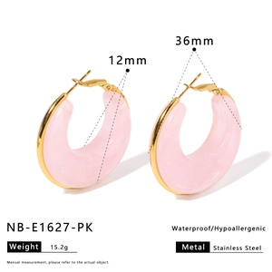Pink resin hoop earrings with gold stainless steel trim showing size 36mm by 12mm