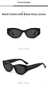 Close-up of black retro cat-eye sunglasses showing thick frame and grey lenses