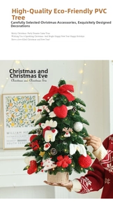 Close-up of mini flocked Christmas tree with LED lights and red felt heart ornaments