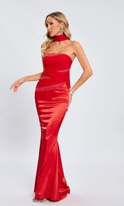 Detail of red rhinestone evening gown showing pleated bodice and sparkling crystal accents