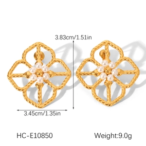Detail view of gold flower earrings with pearls including precise size and weight specs