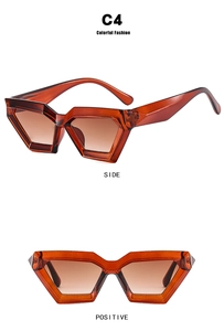 Detailed side and front view of amber geometric triangle cat eye sunglasses C4
