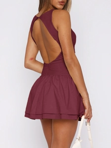 Elegant backless burgundy sleeveless pleated mini dress with a hidden zipper closure