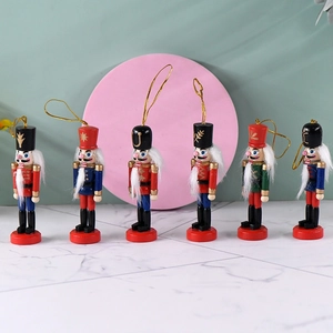 Set of 6 mini wooden nutcracker soldier ornaments with gold hanging strings for Christmas decor
