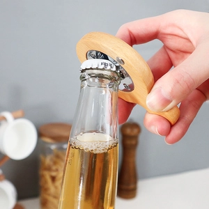 Creative wooden magnetic beer bottle opener with custom logo design shown in use