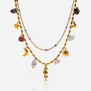 Bohemian 18K Gold Plated Stainless Steel Double Layer Necklace With Natural Stone Artificial Pearl Seahorse Heart Pendants Women Jewelry