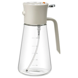 Kitchen glass oil sprayer bottle with 600ml capacity scale and beige handle for cooking