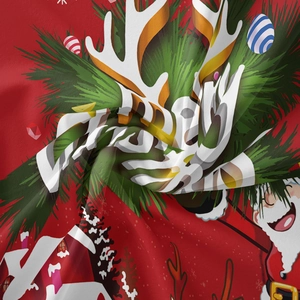 Detailed macro view of soft red Christmas tapestry fabric with Santa and reindeer prints
