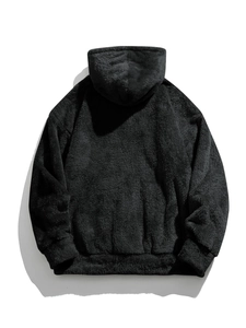Felpa con cappuccio oversize in pile nero con polsini a costine vista posteriore