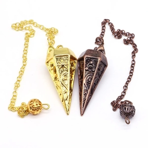 Vintage copper hexagonal pendulum pendant with hollow floral engraving and metal chain