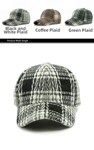 Detail view of vintage plaid baseball caps in black, coffee, and green wool fabric patterns