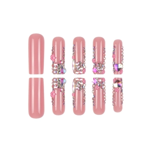 Pink press-on nails set with 3D heart and flower charms, luxury long fake nails