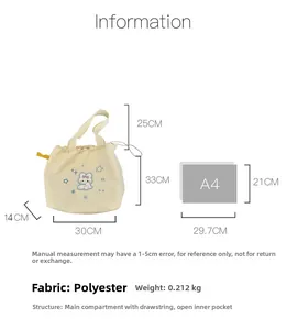 Size comparison of beige embroidered drawstring tote bag with dimensions and polyester info