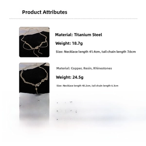 Detailed specifications showing titanium steel necklace lengths, weight, and material info