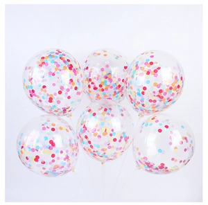 Close-up of six clear latex balloons filled with vibrant multi-colored round confetti dots