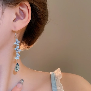 Detail of blue butterfly drop earrings with tassel and teardrop crystal on model