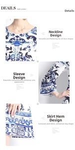 Blue and white porcelain print dress featuring round neck and bell sleeves detail