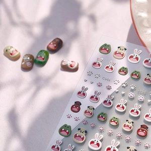 Cute embossed 3D cartoon animal nail stickers featuring rabbits and frogs for DIY nail art