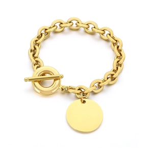 Golden stainless steel OT buckle bracelet featuring a polished round pendant on white background