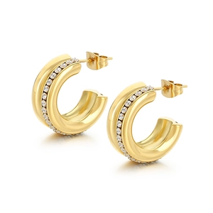 Golden C-shaped stainless steel hoop earrings with sparkling rhinestones for women