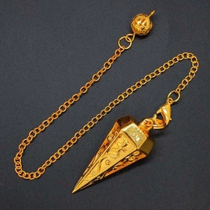 Golden copper hexagonal pyramid pendulum with vintage patterns and a delicate fine chain