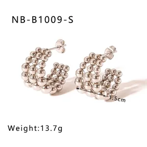 Silver triple row metal bead C-earrings showing a 1.5cm diameter and 13.7g weight