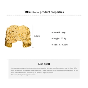 Detailed size specifications of the irregular textured gold cuff bracelet with dimensions