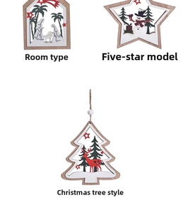 Detail of wooden Christmas ornaments featuring laser-cut nativity, snowman, and reindeer icons