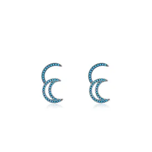 S925 sterling silver crescent moon stud earrings with turquoise micro-pave setting