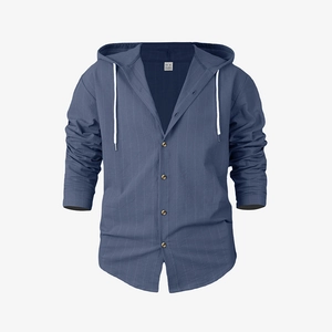 Detail of blue striped linen hooded shirt featuring buttons and drawstring hood