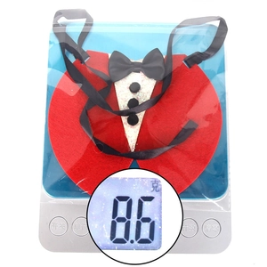 Detail view of 8.6g red pet bow tie with spider motif on blue digital scale