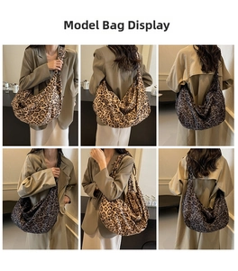 Detailed multi-angle views of high-capacity leopard print canvas tote bags on model
