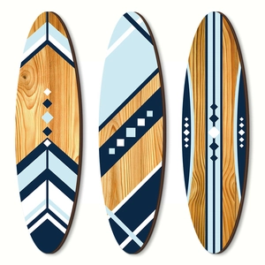 Three-piece wooden surfboard wall art set with blue geometric patterns and Hawaiian style