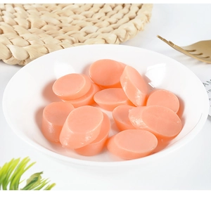 Detailed macro view of realistic PVC miniature pink ham slices on a white ceramic plate
